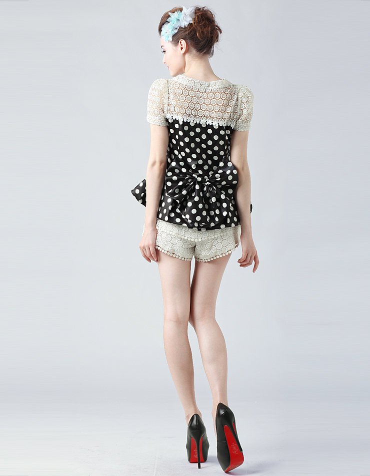 Dot pattern lady dress with lace top - Click Image to Close